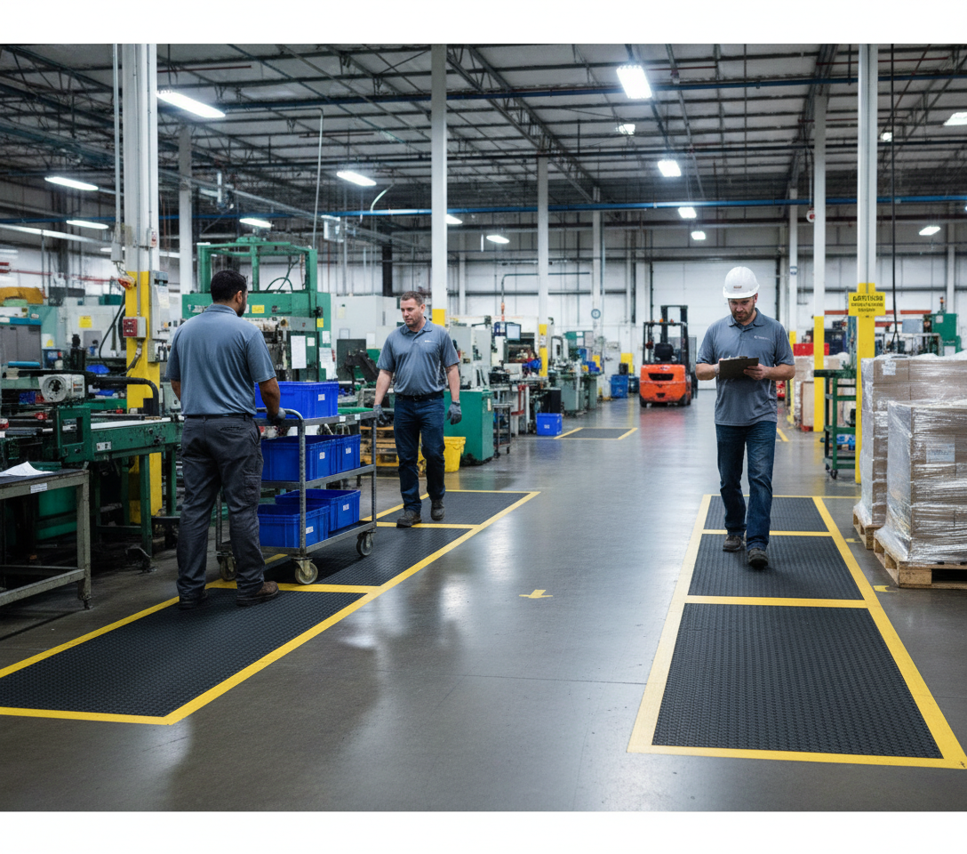 Premium Social Distancing Warehouse Factory Mat with High Visibility Lines, Easy Roll-Out Design, and Durable Construction for Hygiene Compliance