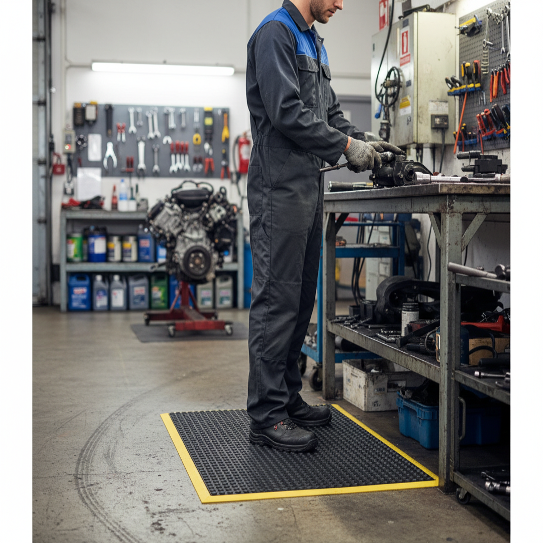 Premium Safety Anti-Fatigue Mat with Yellow Border - 60 x 90cm Cushioned Support for Workplace Comfort