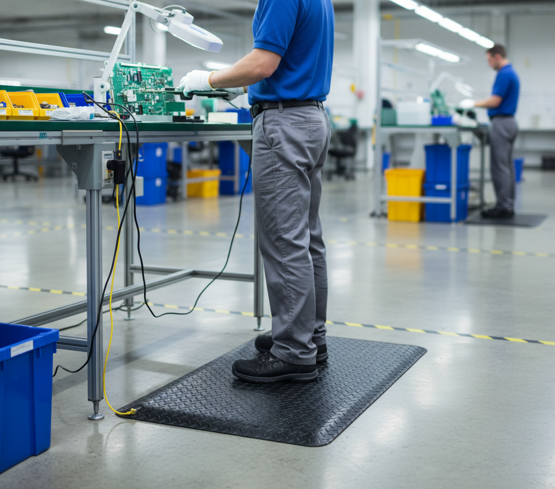 Premium Anti-Static ESD Anti-Fatigue Mat with Chemical Resistance and Slip-Resistant Diamond Pattern for Safe Work Environments