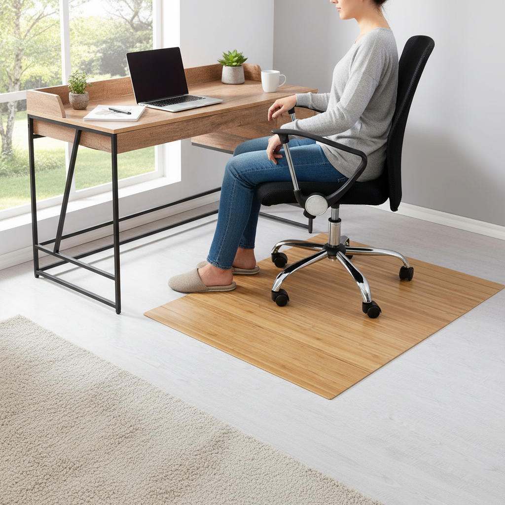 Premium Bamboo Chair Mat for Hard and Carpeted Floors - Durable and Elegant Protection with Felt Lining and Rubber Studs