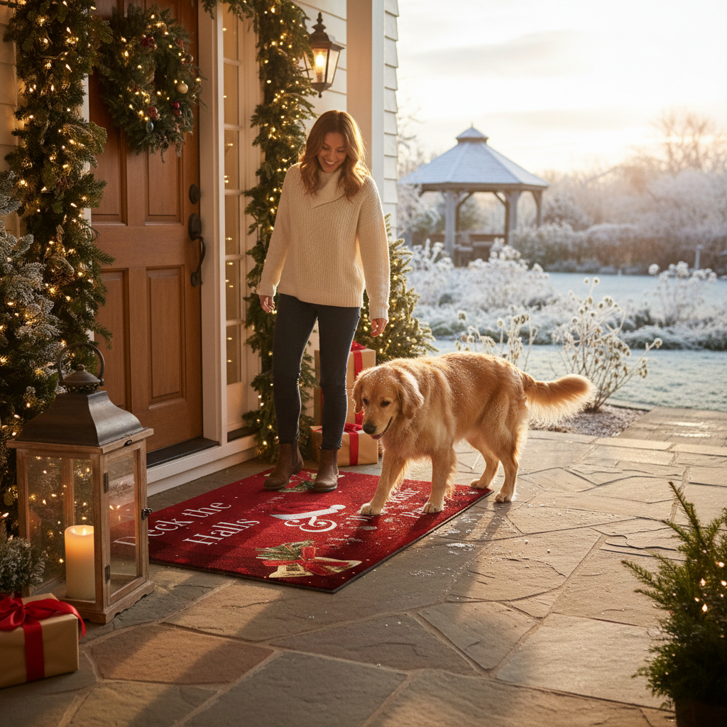 Premium Heavy-Duty Christmas Logo Mat 60 x 85 cm - Festive Design with Paw Prints for Homes and Offices