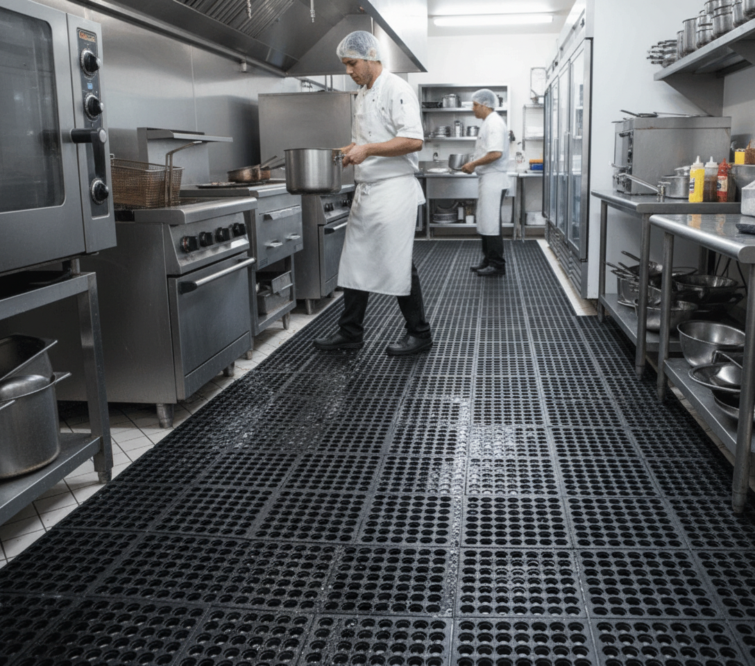 Professional Heavy Duty Interlocking Rubber Tiles for Commercial Kitchens - Slip-Resistant and Durable with Comfort Features