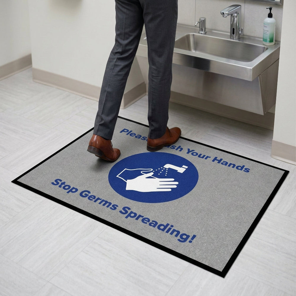 Premium Wash Your Hands Logo Mat - Stain Resistant, High Definition Print, Durable Nitrile Rubber Backing for Personal Hygiene Promotion