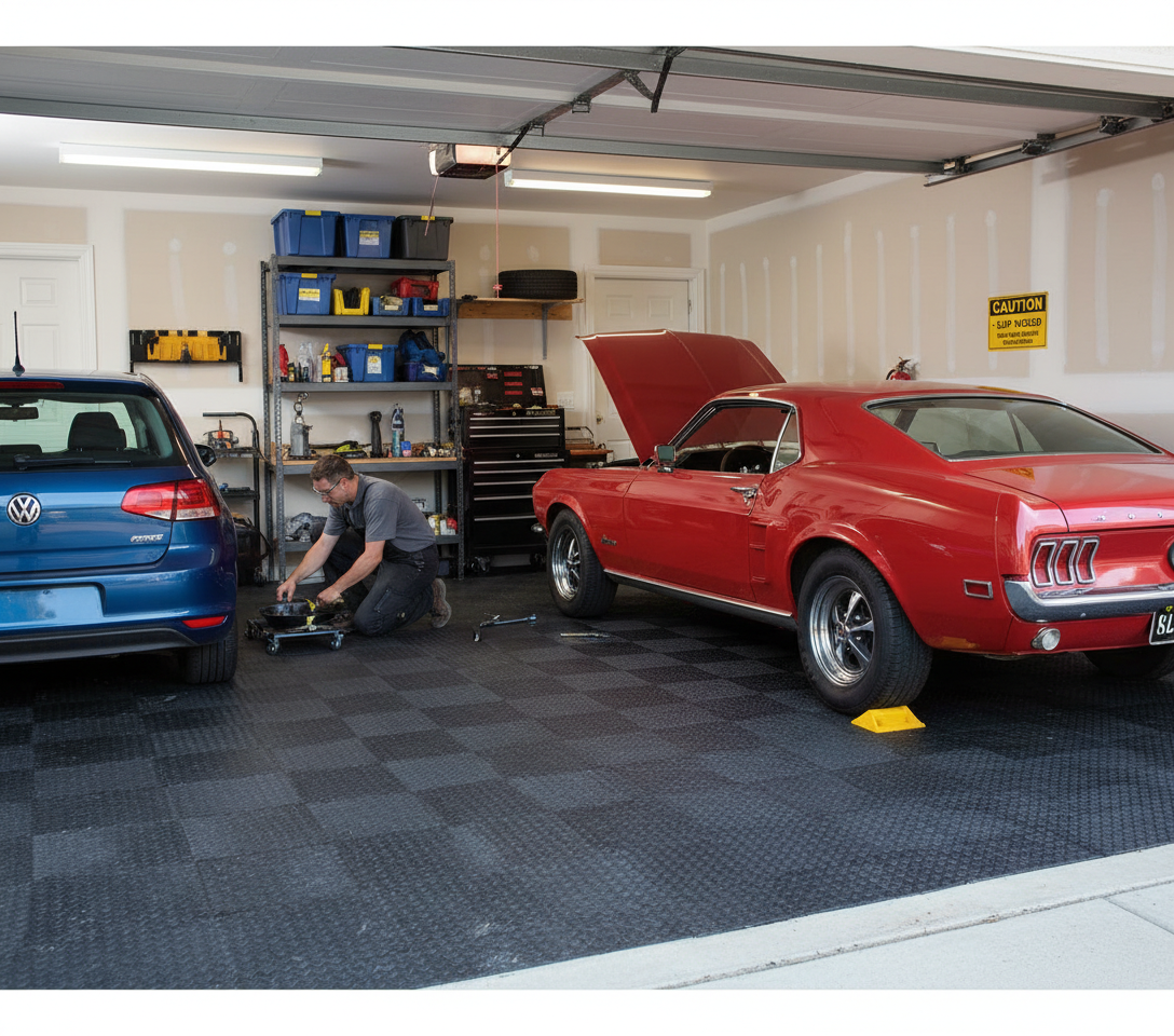Premium Non-Slip CheckerTile Garage Matting - Heavy Duty Shock Absorbing Vinyl Tiles for Ultimate Floor Protection