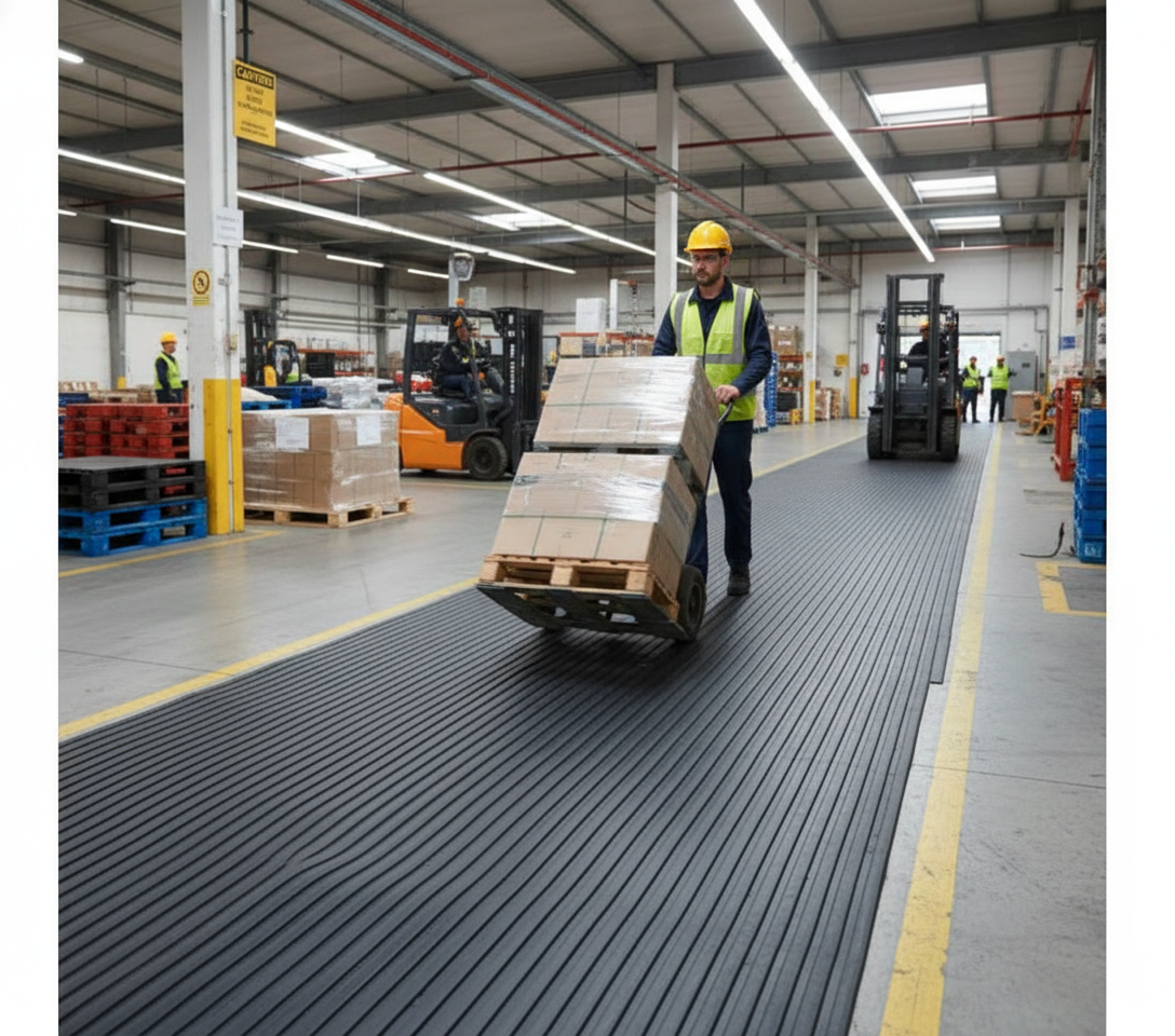 Premium Heavy Duty Rubber Matting with Ribbed Surface for Safety and Noise Insulation in Industrial Workspaces