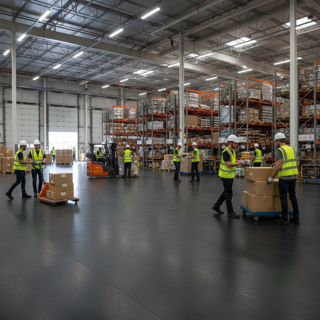 Industrial Rubber Sheeting Warehouse Floor with Workers - Commercial Flooring UK