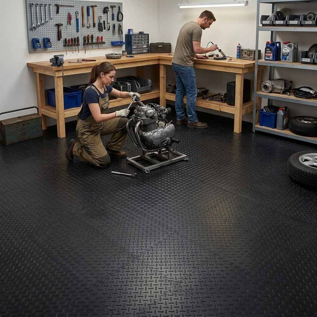 Premium Non-Slip CheckerTile Garage Matting - Heavy Duty Shock Absorbing Vinyl Tiles for Ultimate Floor Protection
