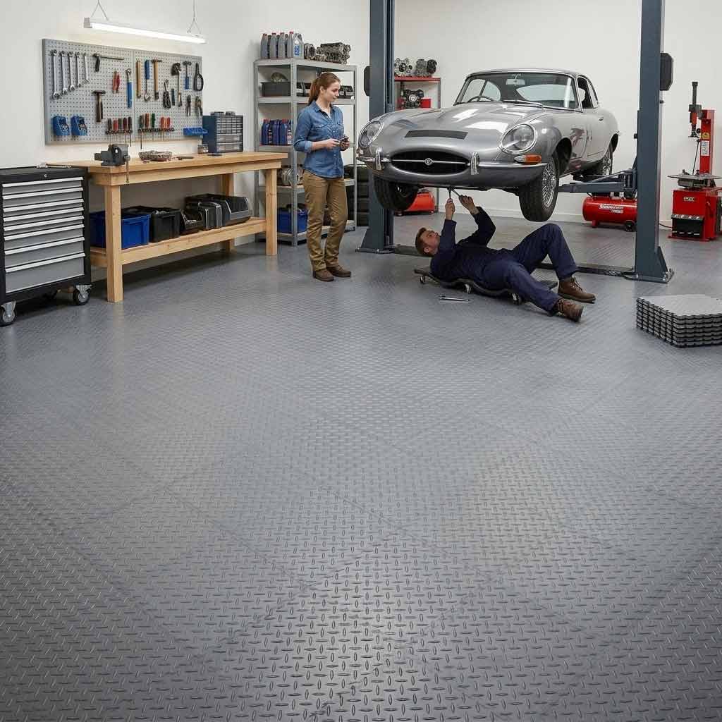 Premium Non-Slip CheckerTile Garage Matting - Heavy Duty Shock Absorbing Vinyl Tiles for Ultimate Floor Protection