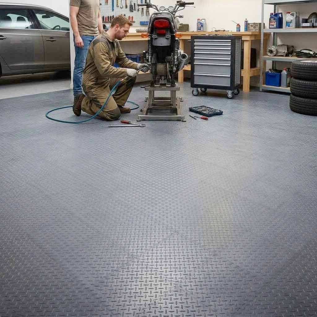 Premium Non-Slip CheckerTile Garage Matting - Heavy Duty Shock Absorbing Vinyl Tiles for Ultimate Floor Protection