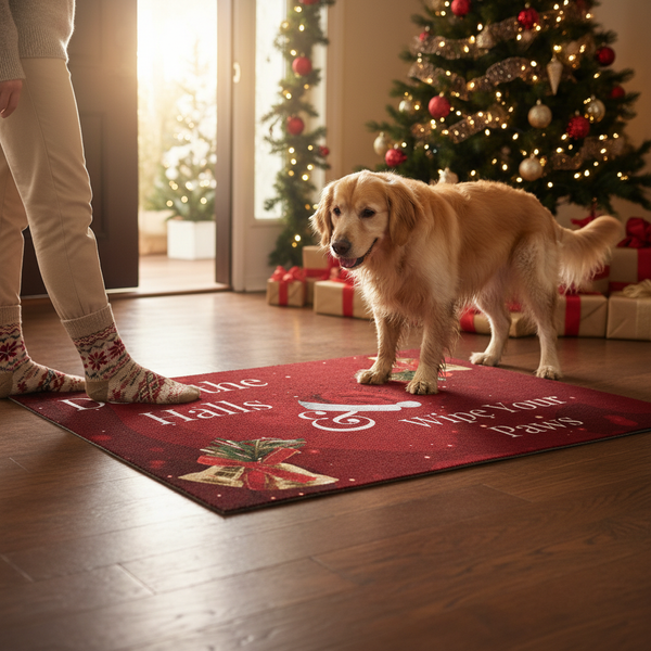 Premium Heavy-Duty Christmas Logo Mat 60 x 85 cm - Festive Design with Paw Prints for Homes and Offices