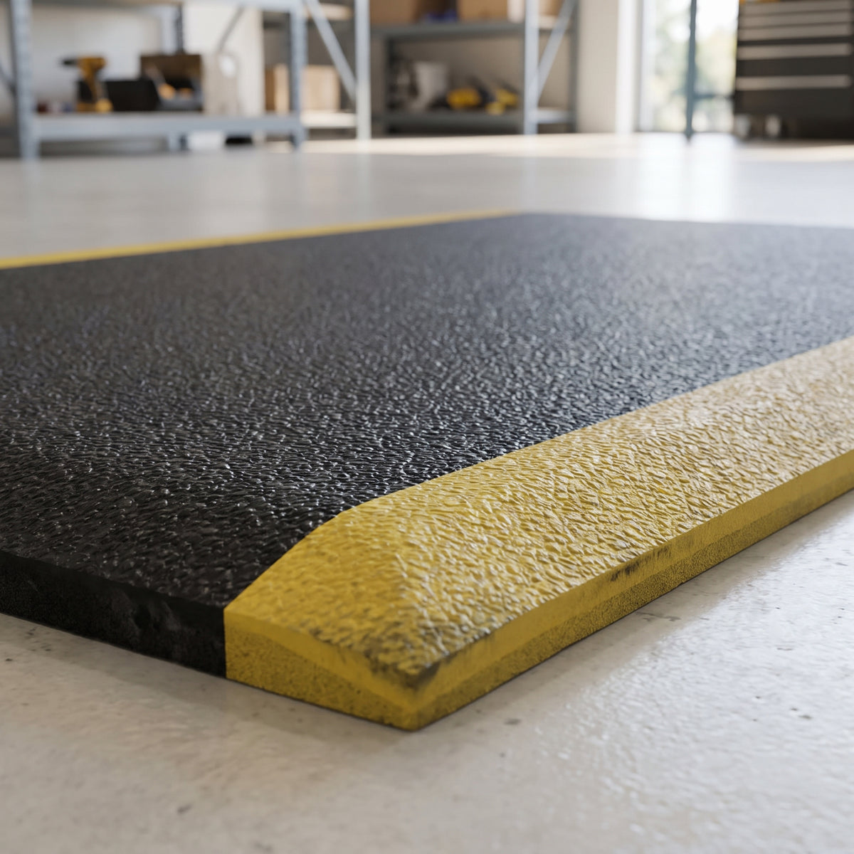 Close-up of the pebble texture, foam thickness and bevelled yellow border of the anti fatigue mat