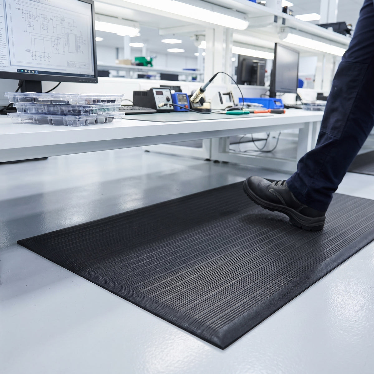 Black ribbed anti fatigue foam mat at an electronics assembly workstation
