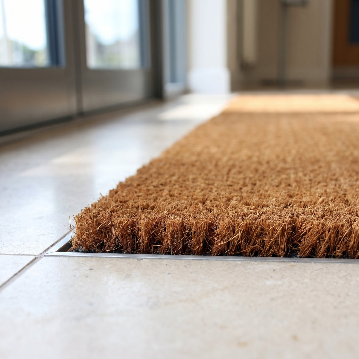 Close-up of 17mm coir matting pile and PVC backing sitting flush in a recessed mat well