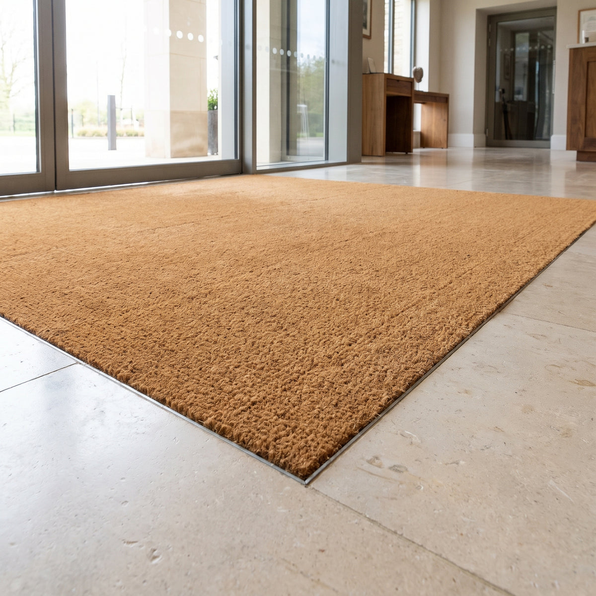 Natural 17mm coir entrance matting fitted flush in a mat well inside a bright hotel lobby