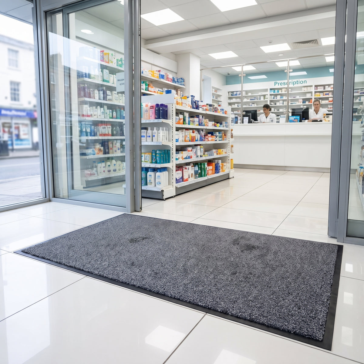 Granite commercial entrance mat cut to size at the entrance of a high street pharmacy on white tiles