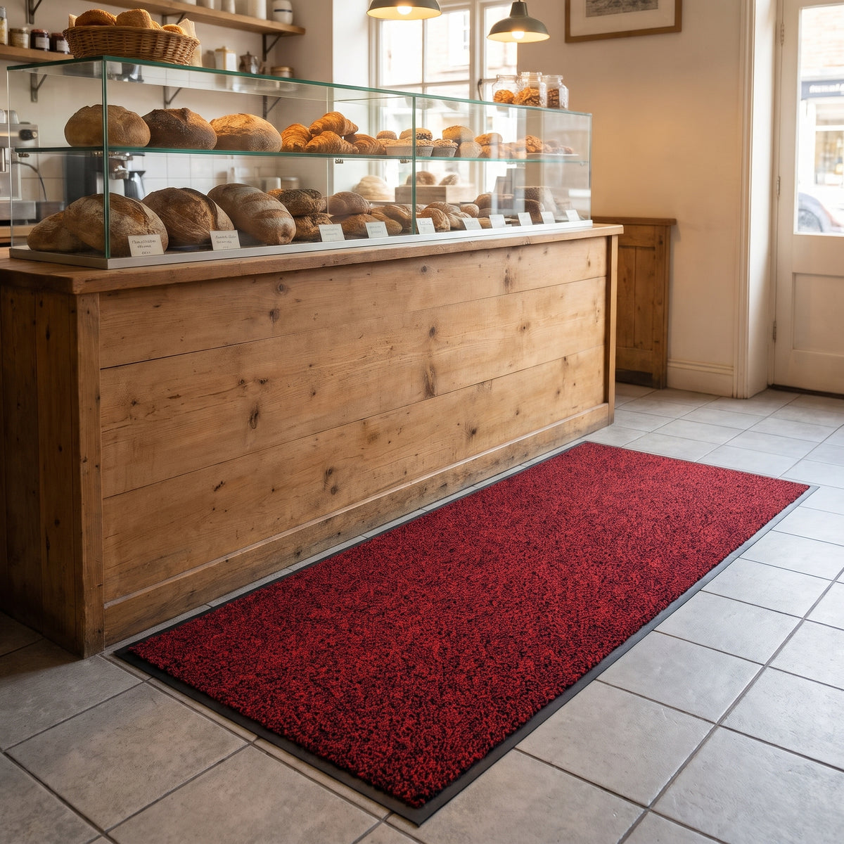 Red and Black made to measure mat cut to the length of a bakery service counter