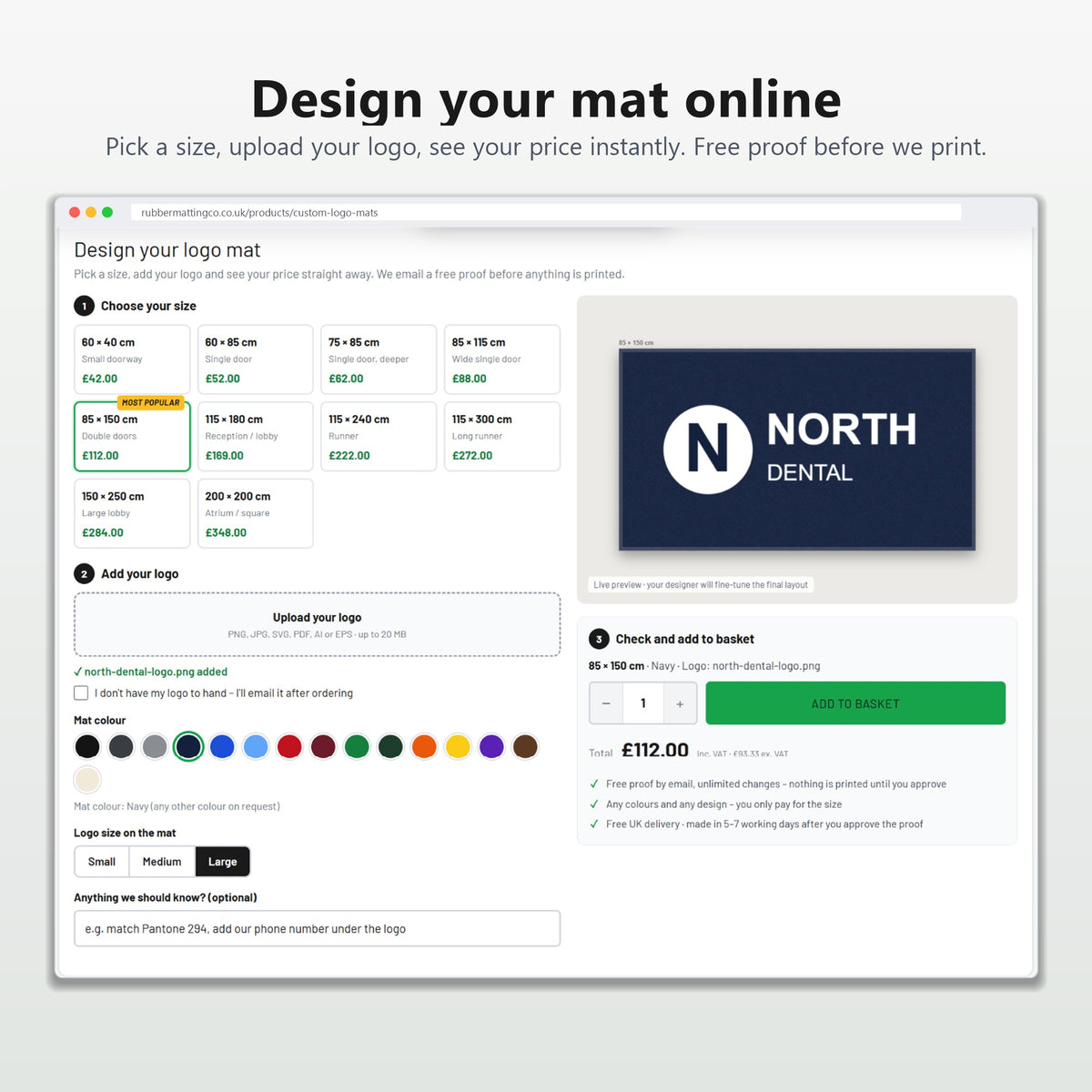 Online logo mat designer: choose a size, upload your logo, see the price and a live preview