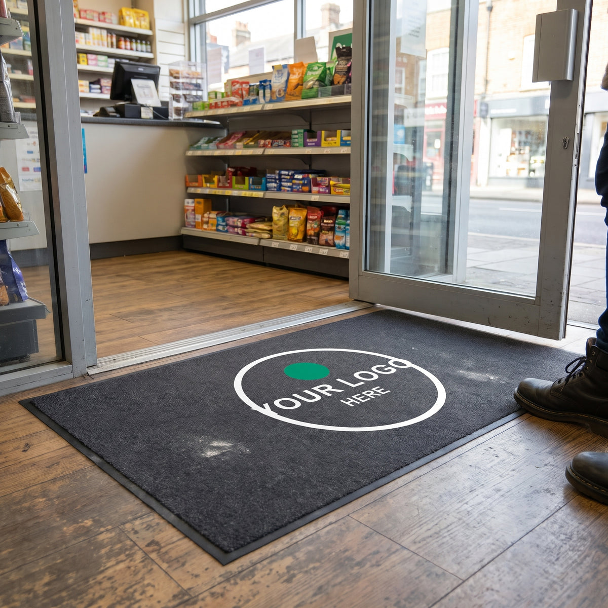 Branded logo entrance mat inside a UK shop doorway
