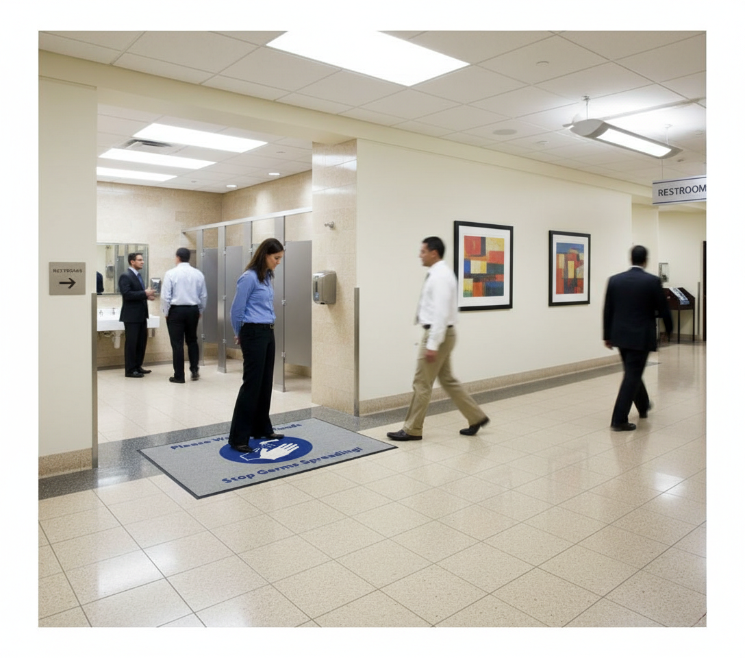 Premium Wash Your Hands Logo Mat - Stain Resistant, High Definition Print, Durable Nitrile Rubber Backing for Personal Hygiene Promotion