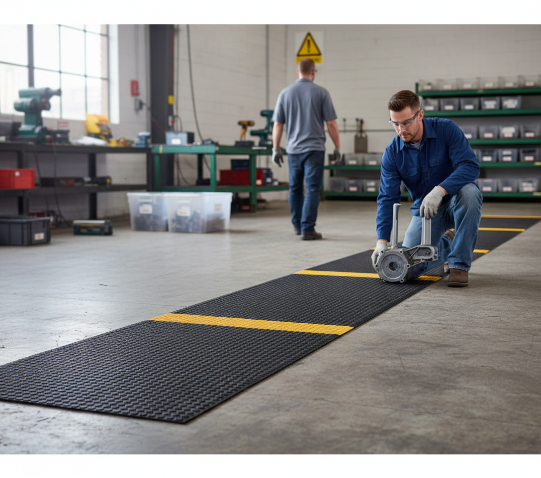 Premium Social Distancing Warehouse Factory Mat with High Visibility Lines, Easy Roll-Out Design, and Durable Construction for Hygiene Compliance