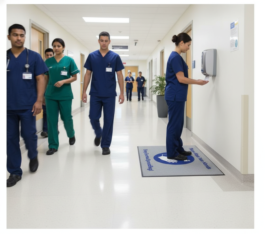 Premium Wash Your Hands Logo Mat - Stain Resistant, High Definition Print, Durable Nitrile Rubber Backing for Personal Hygiene Promotion