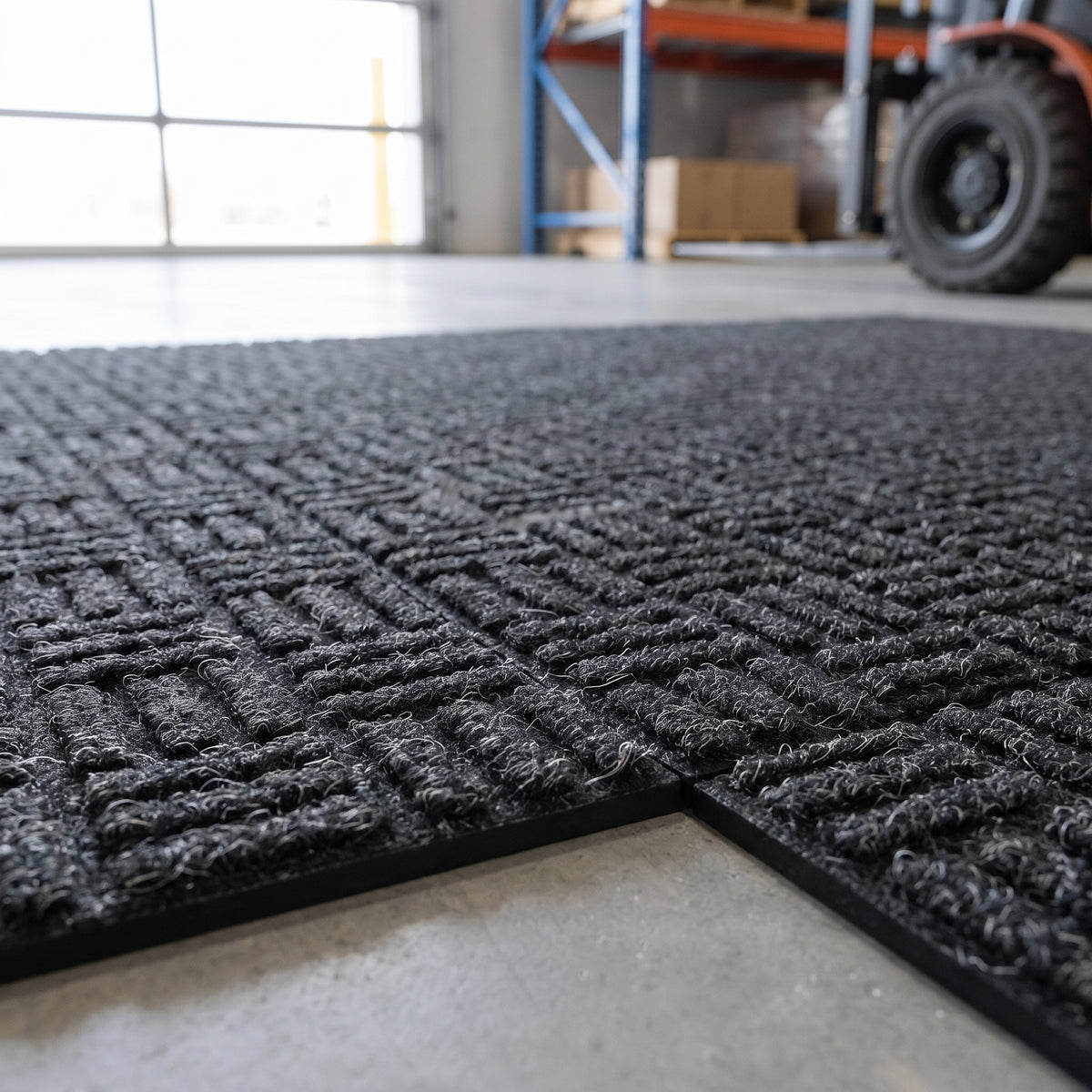 Close-up of the woven polypropylene surface and joint between two forklift mat tiles
