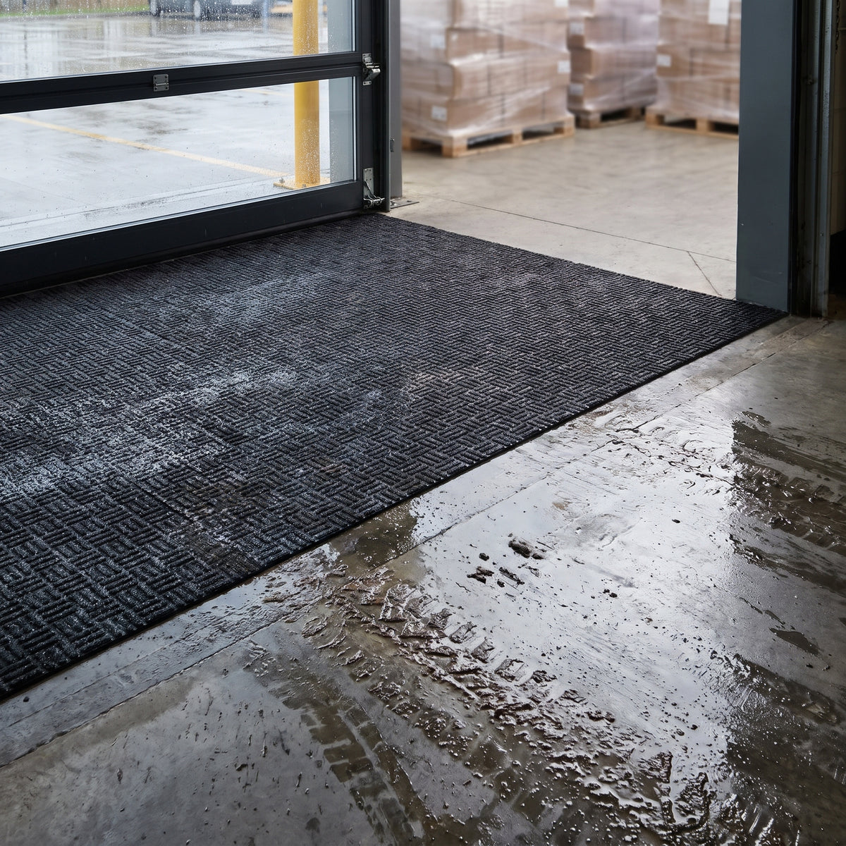 Forklift mat tiles at a loading dock door on a rainy day, wet tyre tracks outside and dry floor inside
