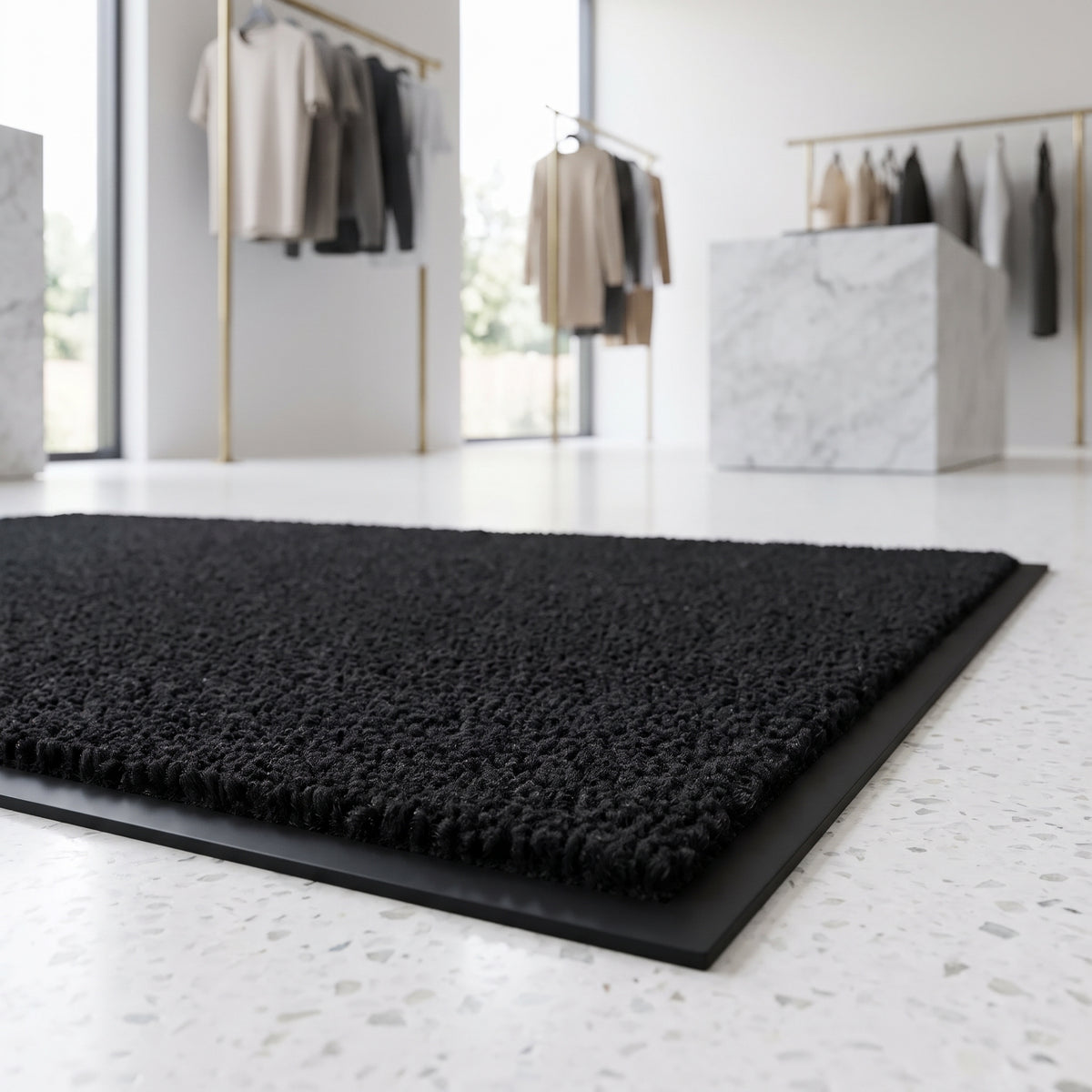 Close-up of Black luxury made to measure entrance mat inside a designer fashion boutique on white terrazzo