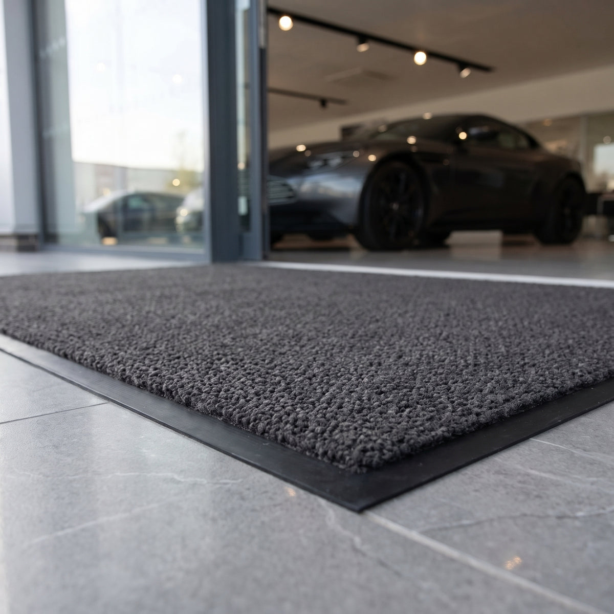 Black Mink commercial made to measure entrance mat at a showroom entrance on porcelain tiles