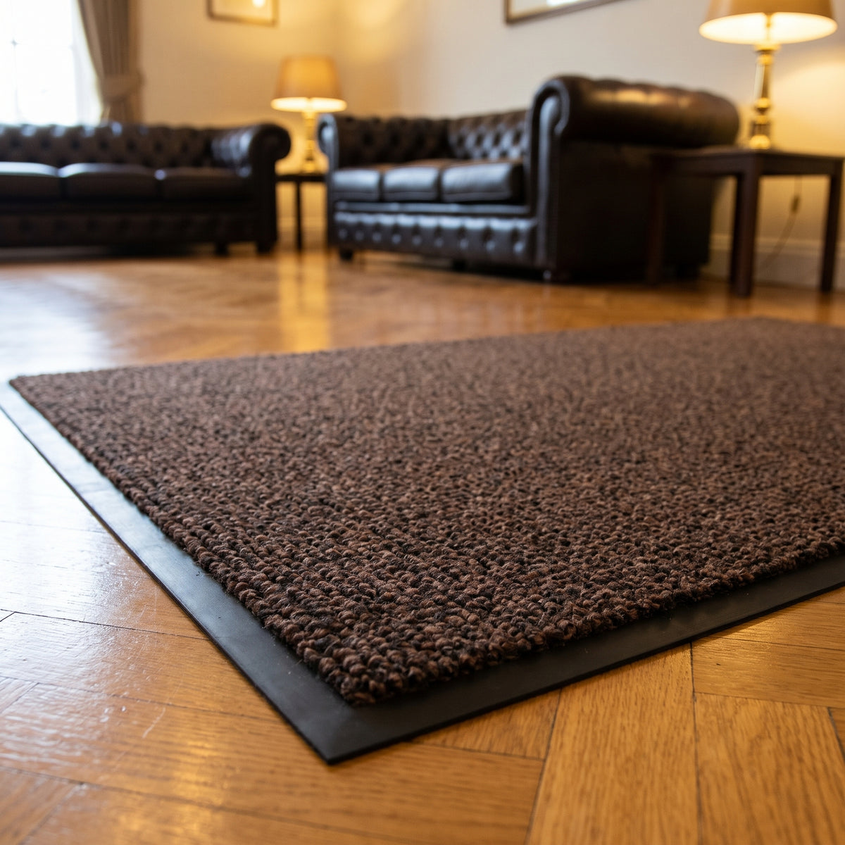 Dark Brown commercial made to measure entrance mat on oak parquet flooring