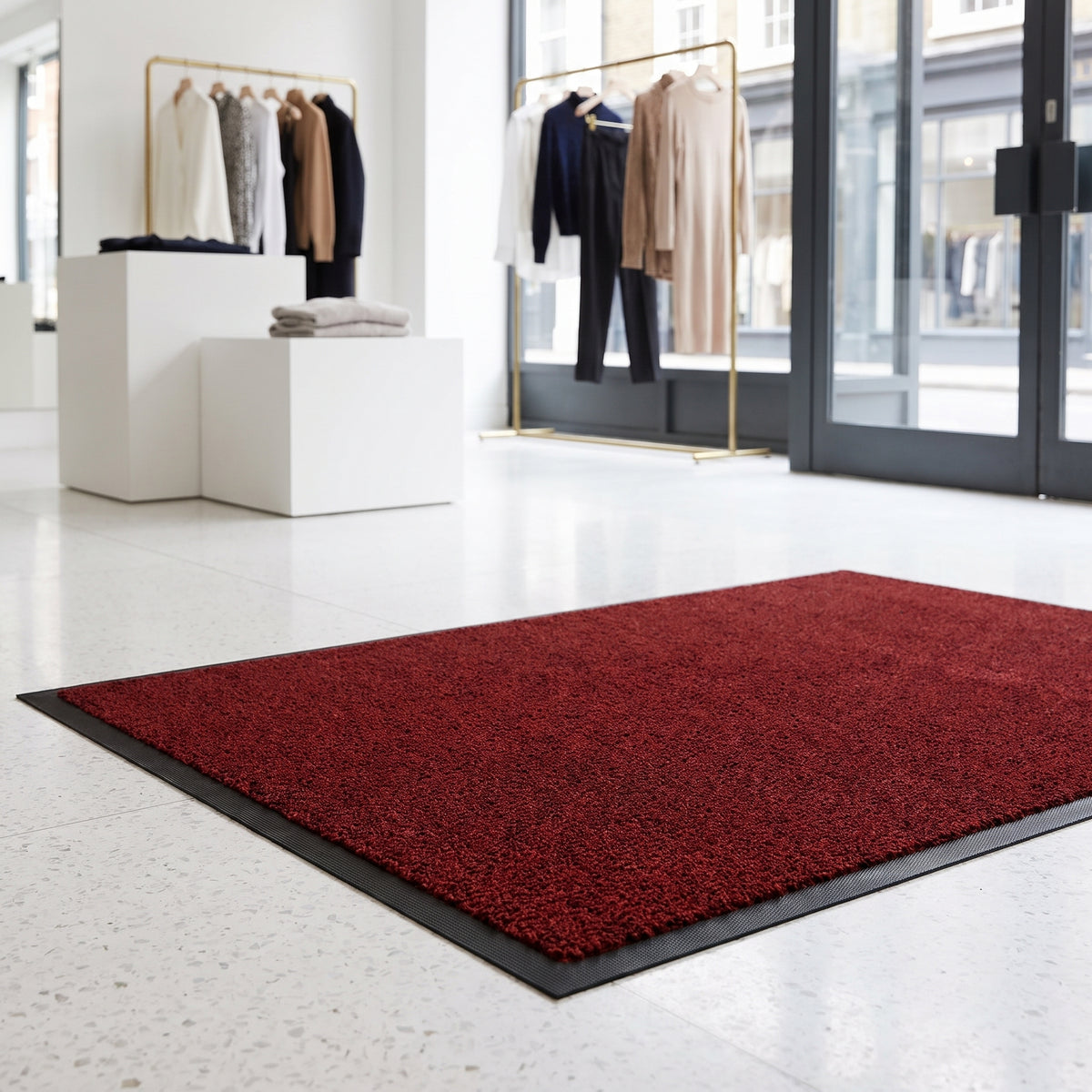 Cranberry red machine washable entrance mat at a designer boutique doorway