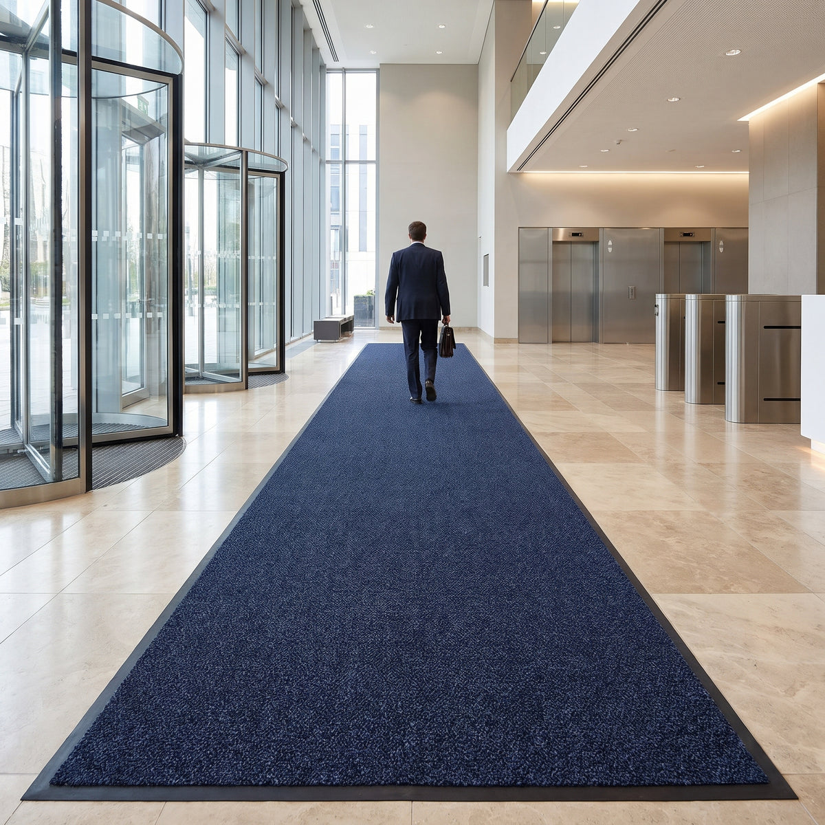 Deep blue machine washable entrance runner mat laid through an office lobby