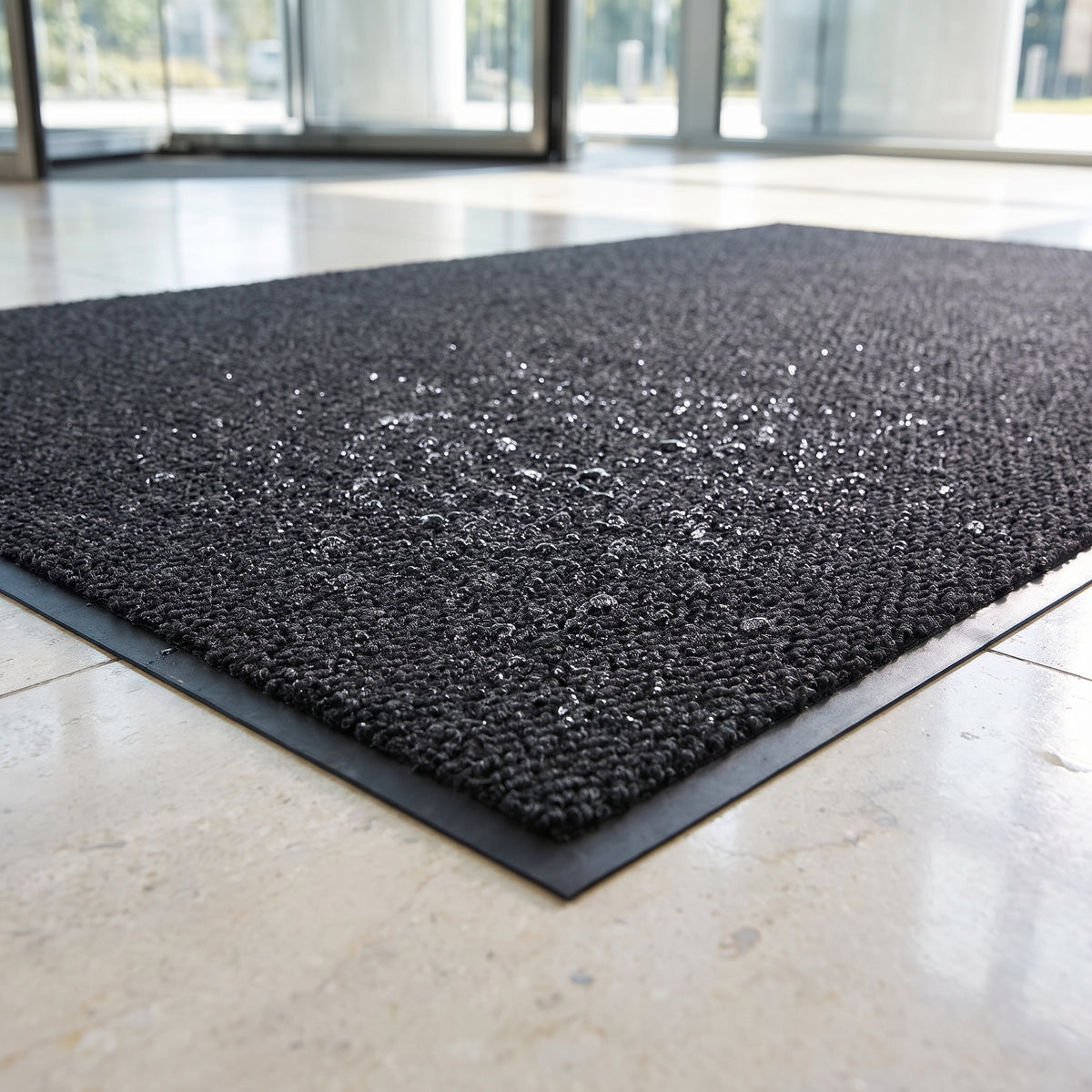 Close-up of twisted pile and rubber edge of a machine washable entrance mat with water droplets