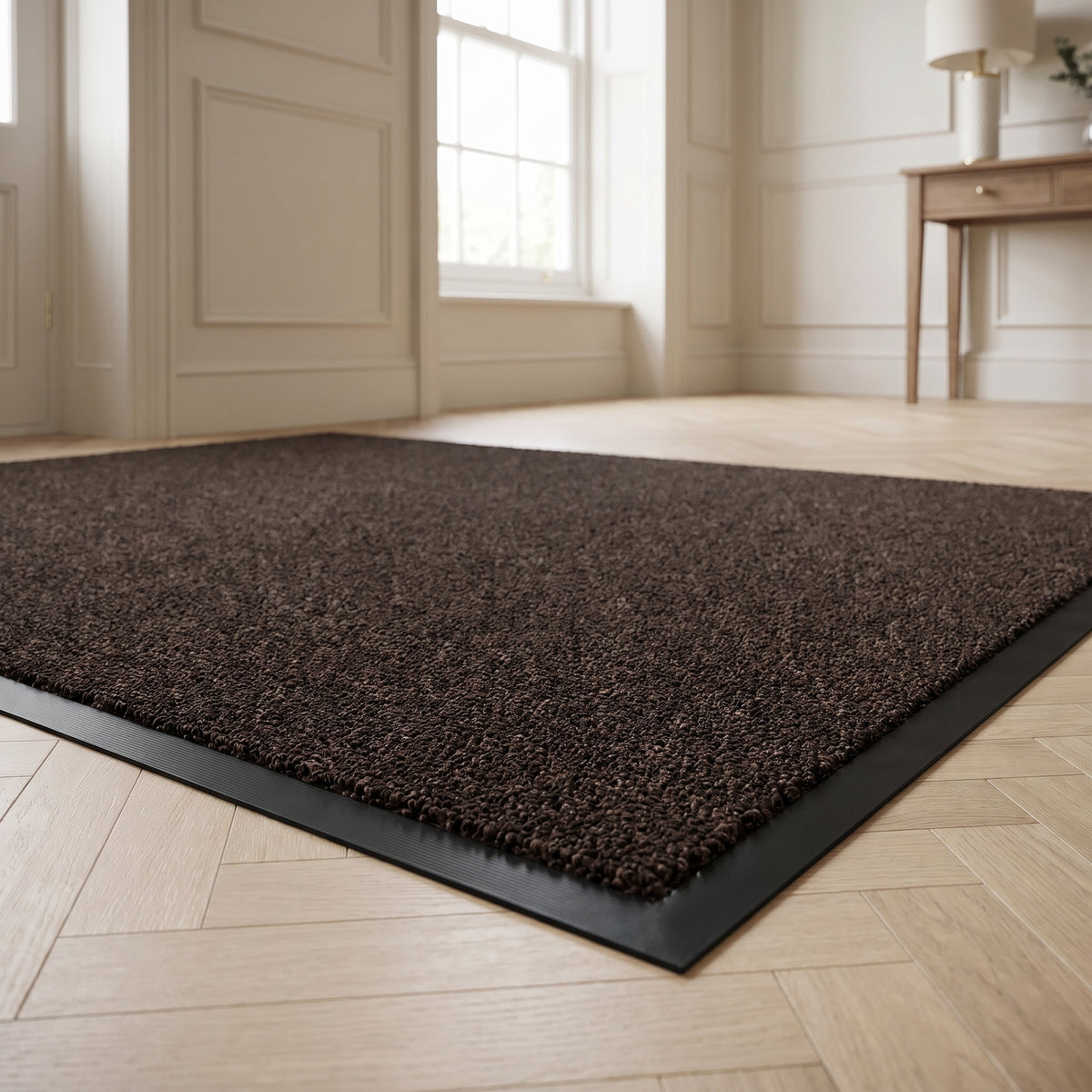 Walnut brown machine washable entrance mat in a boutique hotel entrance hall