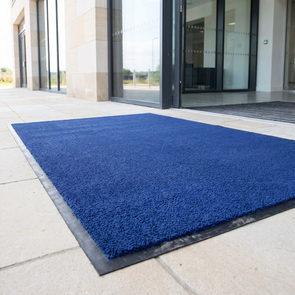Blue outdoor brush entrance mat on limestone paving at a university building entrance