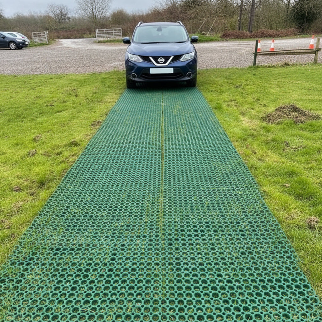 Car Parked on Rubber Grass Mats - Overflow Parking Ground Protection UK