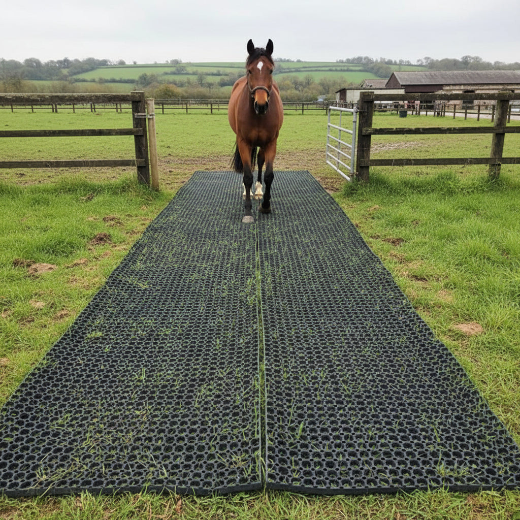 Horse on Rubber Grass Mats - Equestrian Paddock Gateway Protection UK