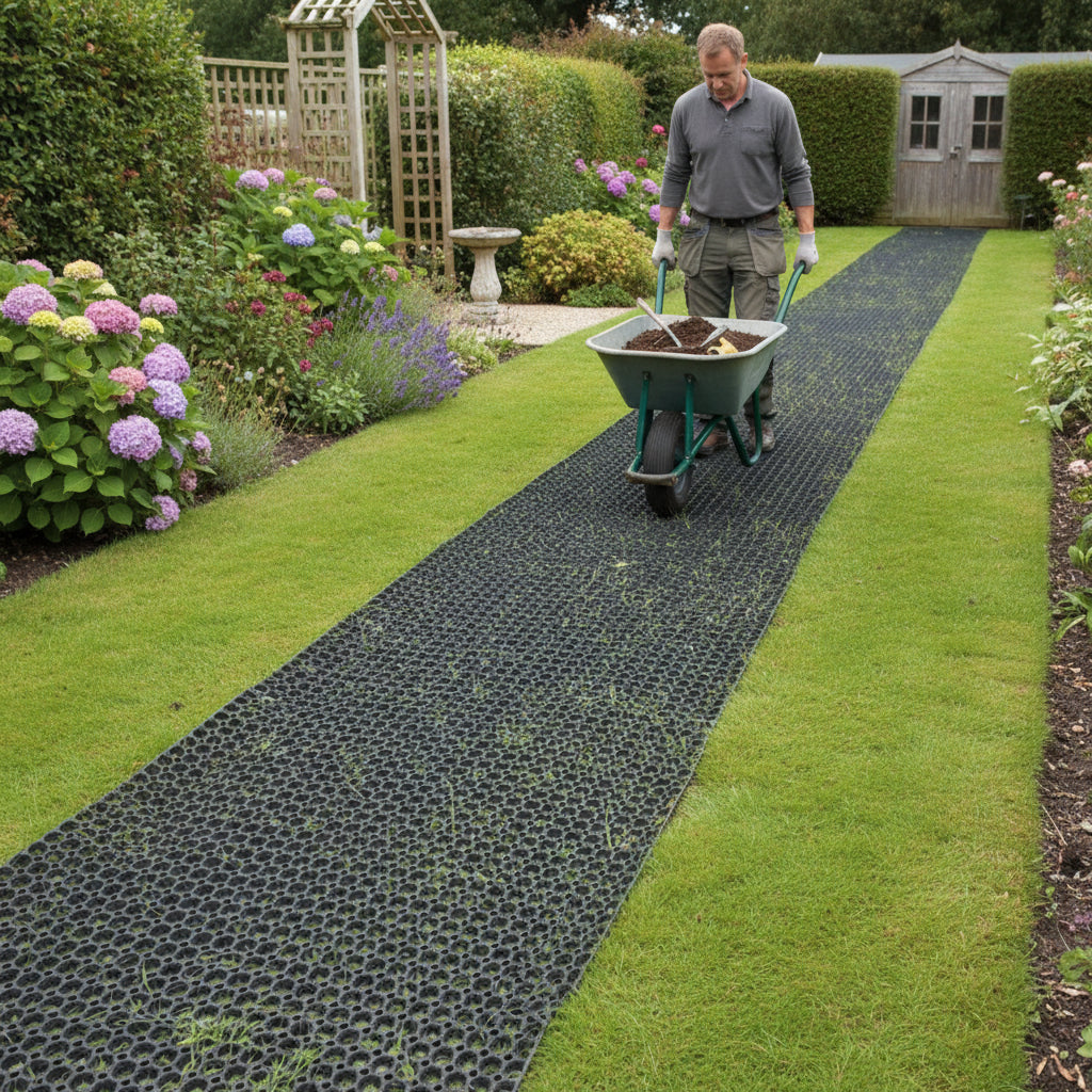 Person with Wheelbarrow on Rubber Grass Mat - Garden Pathway Protection UK