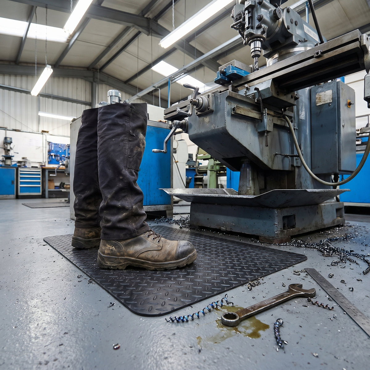 Black diamond plate vinyl-top anti-fatigue mat in front of a CNC milling machine in an engineering workshop