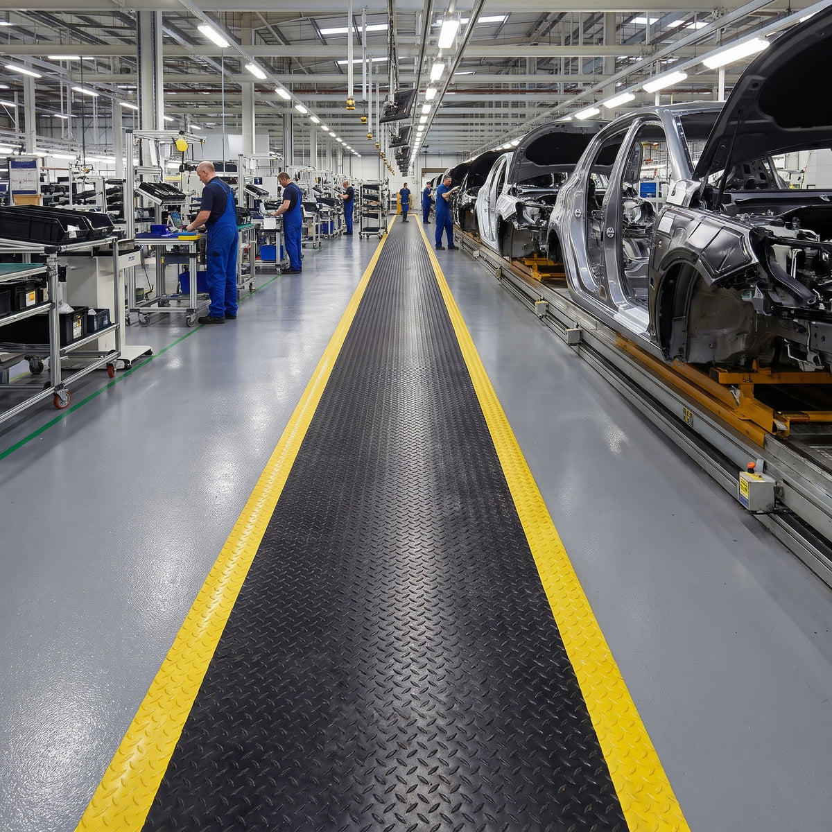 Full roll of yellow bordered vinyl-top anti-fatigue matting running the length of an automotive assembly line
