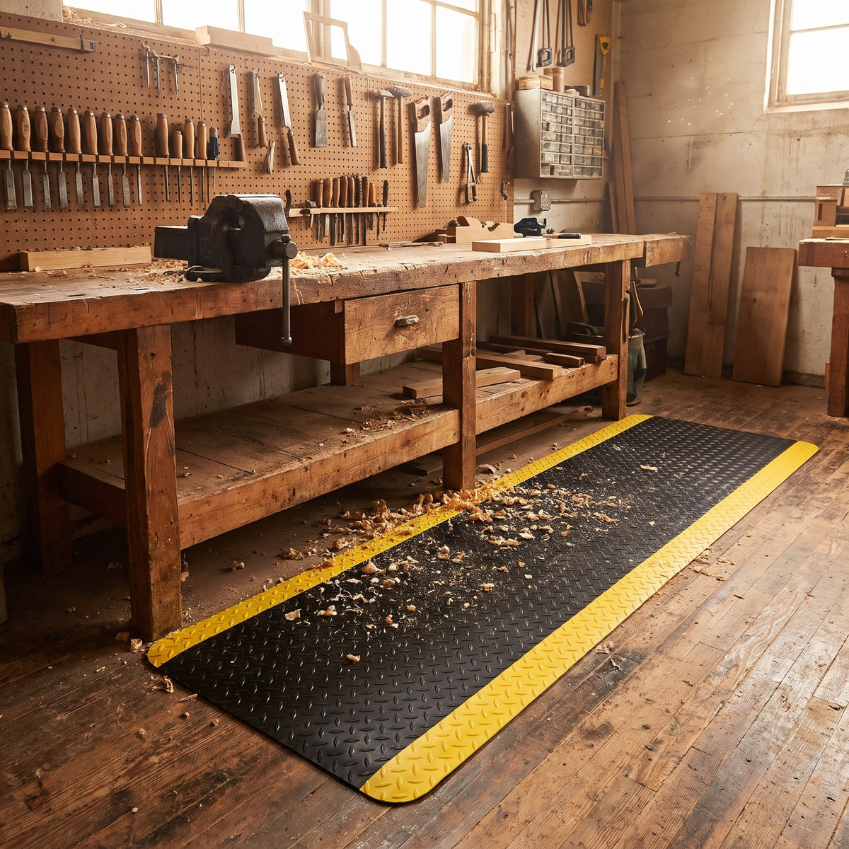 Heavy duty anti-fatigue mat with yellow safety border cut to length in front of a joinery workbench